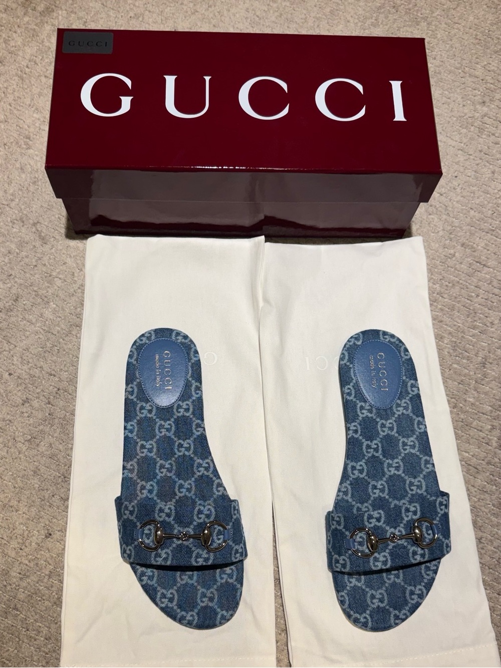 Gucci Blue GG Denim Horsebit Slide Sandals